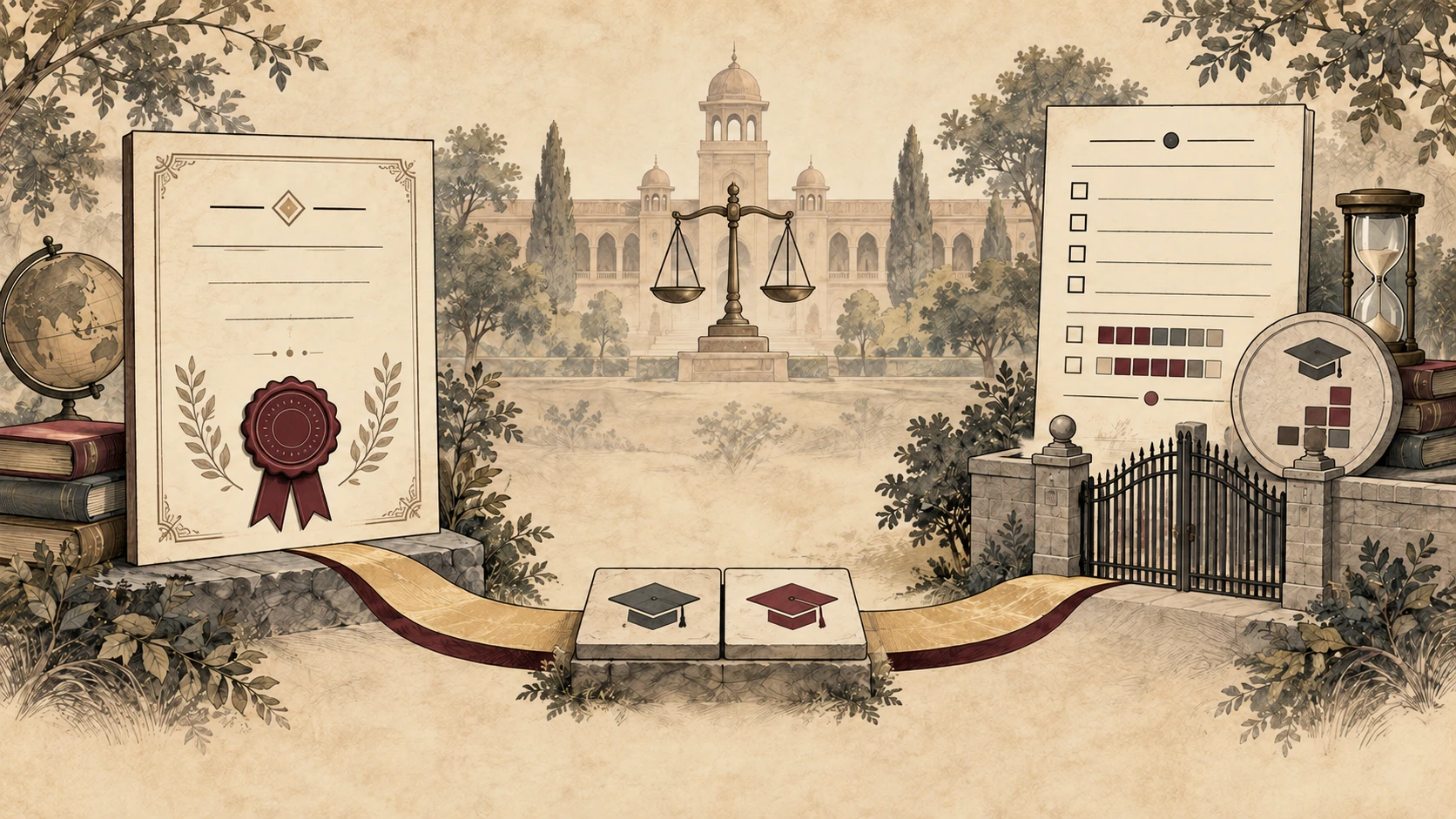 Federal Constitutional Court ruling on HEC equivalence and university admission eligibility Editorial illustration separating an academic equivalence certificate from a university admission checklist and credit-hour threshold