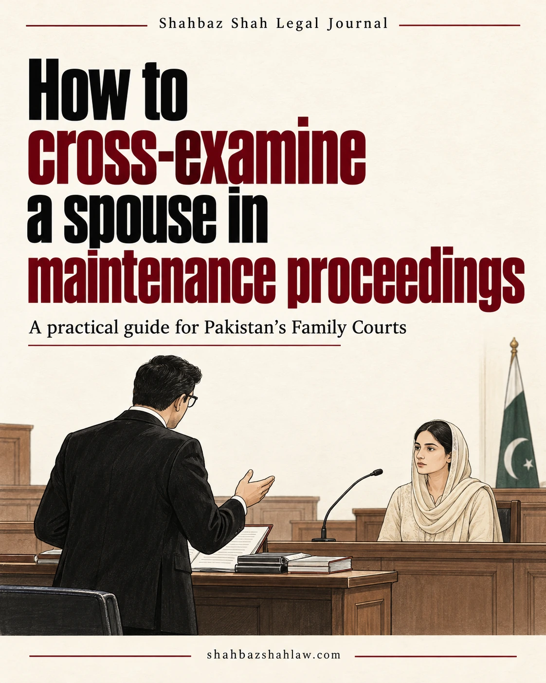 How to Cross-Examine a Spouse in Maintenance Proceedings in Pakistan Editorial illustration of a Pakistani advocate questioning a spouse in a Family Court, with a headline on maintenance cross-examination