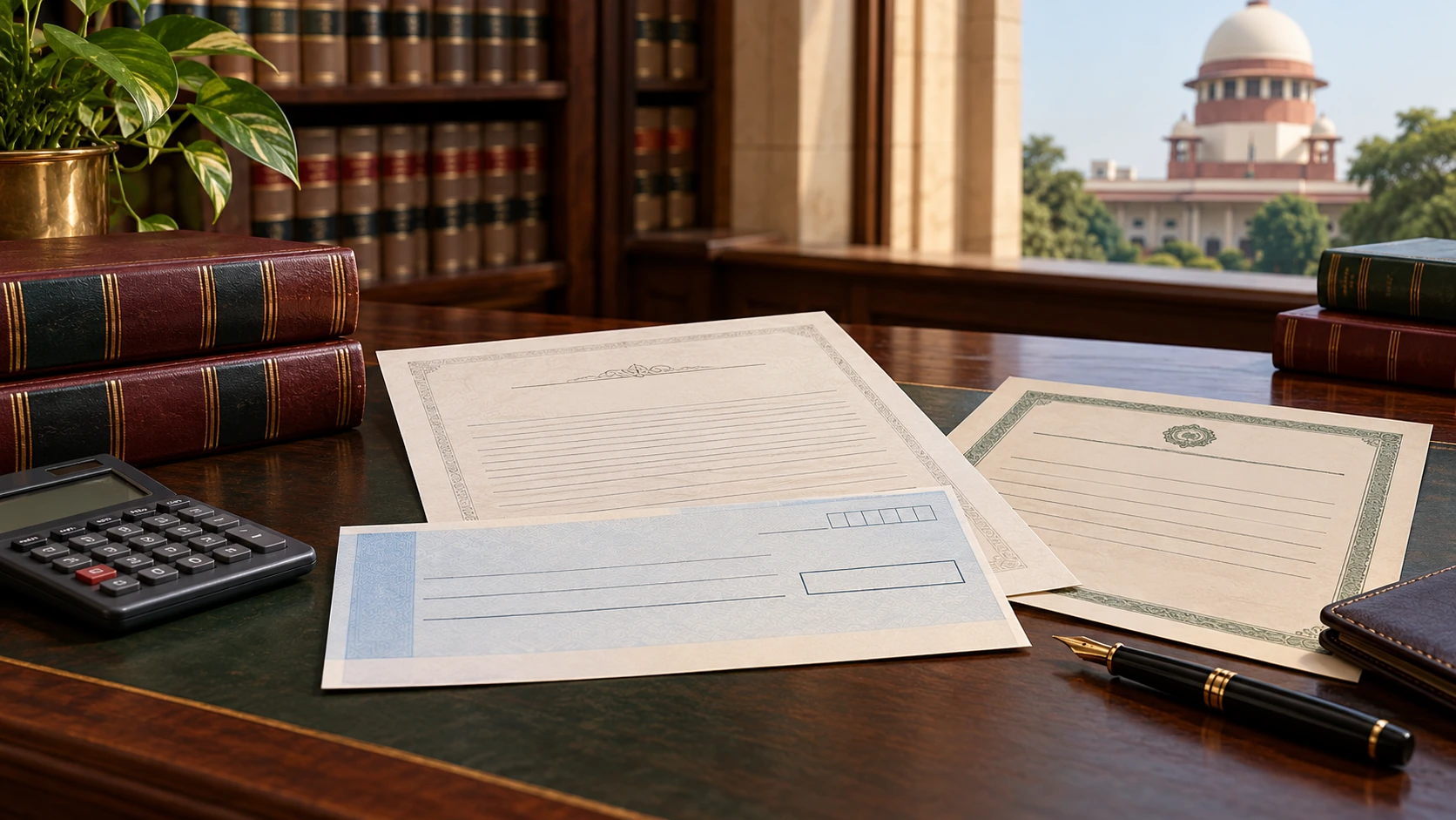 Mansi Finance: Maharashtra Money-Lending Licence and Cheque Claims Editorial illustration of generic cheque, loan and licence papers with a calculator and pen, with India’s Supreme Court in the background