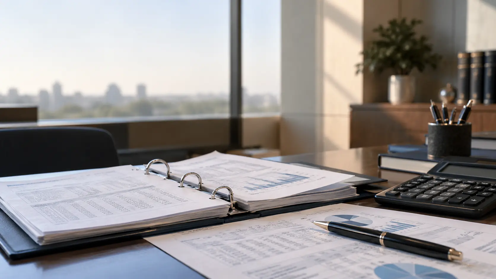 Editorial still life of actuarial pension-fund statements, calculator and financial papers on a bank office desk