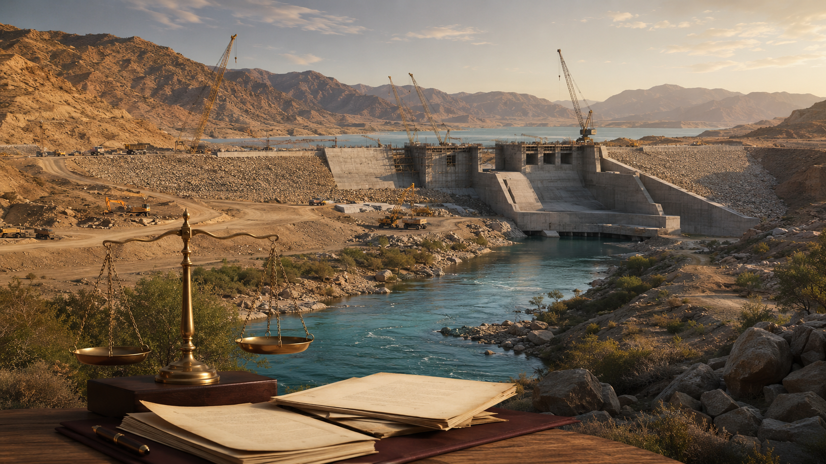 Nai Gaj Dam judgment on Article 199 and arbitral finality Editorial illustration of a dam under construction with legal documents and scales representing Article 199 and arbitral finality in Pakistan