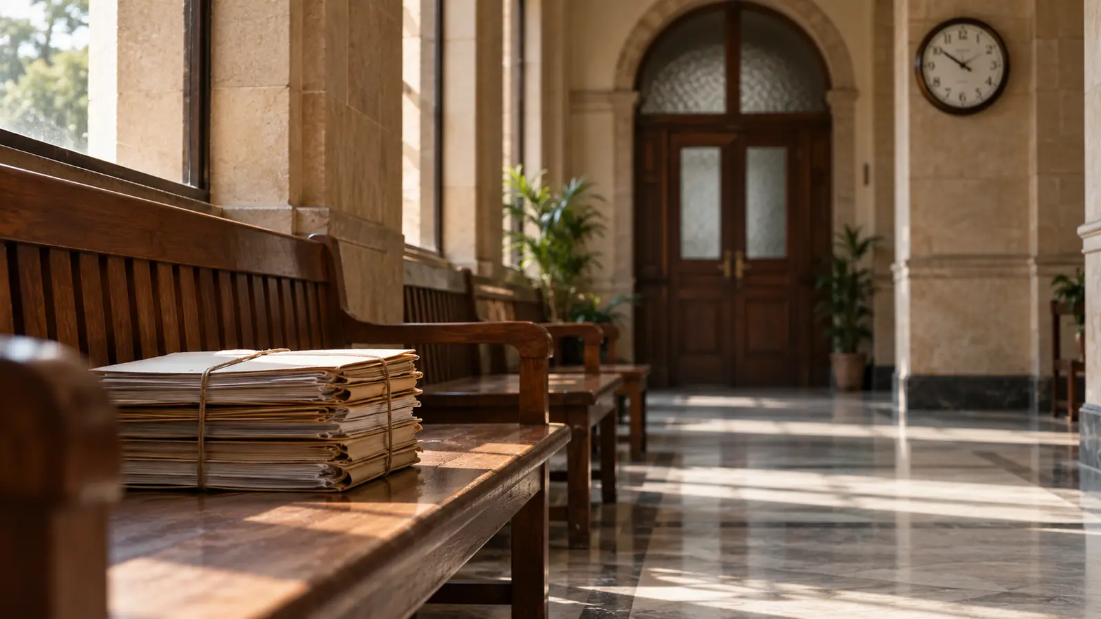 Illustrative courthouse corridor with wooden bench, case files and wall clock representing time spent waiting for bail decisions