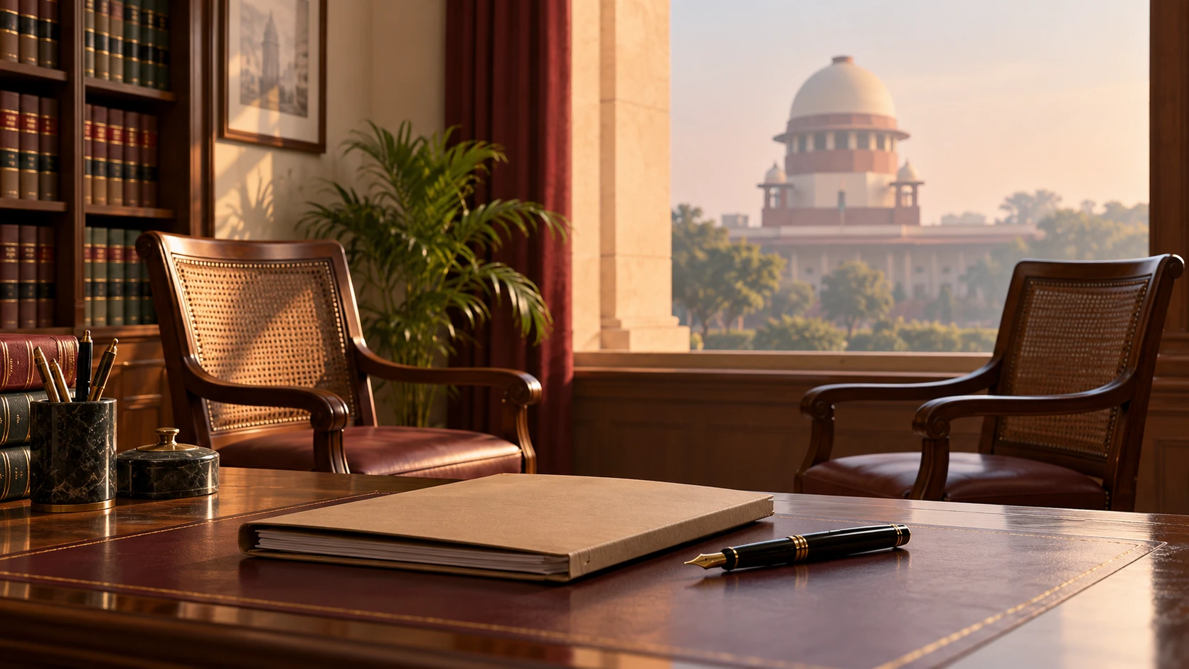 Santhosh Kumar: Consent and Discharge in India’s Supreme Court Editorial illustration of an advocate’s desk with a closed case file and two empty chairs, with India’s Supreme Court in the background